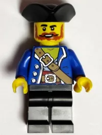 LEGO Pirate - Male, Black Tricorne, Dark Orange Beard and Moustache, Blue Open Jacket, Dark Tan Belt, Black Legs minifigure
