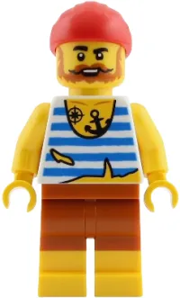 LEGO Pirate - Male, White Shirt with Tattered Hem and Blue Stripes, Dark Orange Shorts, Full Beard, Red Bandana minifigure