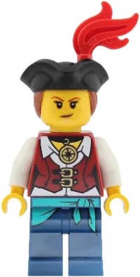 LEGO Pirate - Female, Dark Red Vest over White Shirt, Dark Blue Legs with Sash, Red Plume, Black Tricorne, Reddish Brown Hair minifigure