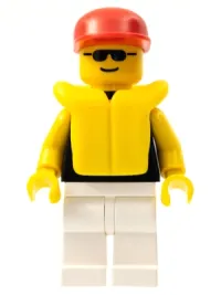 LEGO Plain Black Torso with Yellow Arms, White Legs, Sunglasses, Red Cap, Life Jacket minifigure