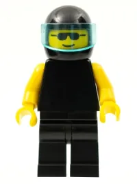 LEGO Plain Black Torso with Yellow Arms, Black Legs, Sunglasses, Black Helmet, Trans-Light Blue Visor minifigure