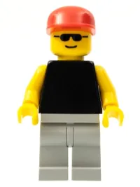 LEGO Plain Black Torso with Yellow Arms, Light Gray Legs, Sunglasses, Red Cap minifigure