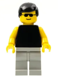 LEGO Plain Black Torso with Yellow Arms, Light Gray Legs, Sunglasses, Black Male Hair minifigure