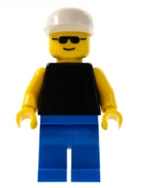LEGO Plain Black Torso with Yellow Arms, Blue Legs, Sunglasses, White Cap minifigure