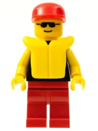LEGO Plain Black Torso with Yellow Arms, Red Legs, Sunglasses, Red Cap, Life Jacket minifigure