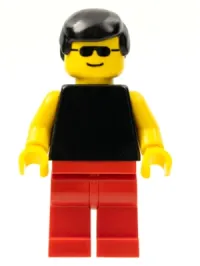 LEGO Plain Black Torso with Yellow Arms, Red Legs, Sunglasses, Black Male Hair minifigure