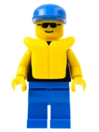 LEGO Plain Black Torso with Yellow Arms, Blue Legs, Sunglasses, Blue Cap, Life Jacket minifigure