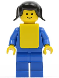 LEGO Plain Blue Torso with Blue Arms, Blue Legs, Black Pigtails Hair, Yellow Vest minifigure