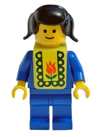LEGO Plain Blue Torso with Blue Arms, Blue Legs, Black Pigtails Hair, Yellow Vest with Baby Bib Pattern (Stickers) minifigure