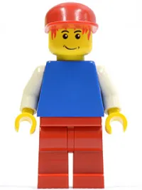 LEGO Plain Blue Torso with White Arms, Red Legs, Red Cap, Red Hair minifigure