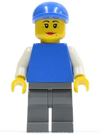 LEGO Plain Blue Torso with White Arms, Dark Bluish Gray Legs, Blue Short Bill Cap, Female Dual Sided Head minifigure