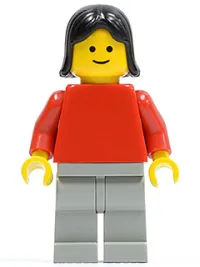 LEGO Plain Red Torso with Red Arms, Light Gray Legs, Black Female Hair minifigure