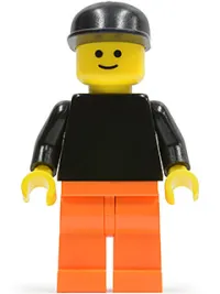 LEGO Plain Black Torso with Black Arms, Orange Legs, Black Cap minifigure