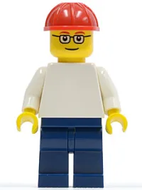 LEGO Plain White Torso with White Arms, Dark Blue Legs, Red Construction Helmet, Glasses minifigure