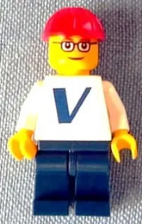 LEGO Plain White Torso with Vestas Logo (Sticker) with White Arms, Dark Blue Legs, Red Construction Helmet, Glasses minifigure