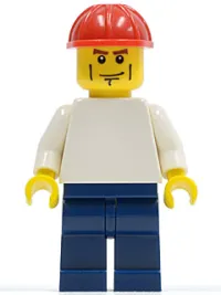 LEGO Plain White Torso with White Arms, Dark Blue Legs, Red Construction Helmet, Vertical Cheek Lines minifigure