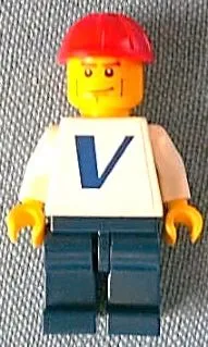 LEGO Plain White Torso with Vestas Logo (Sticker) with White Arms, Dark Blue Legs, Red Construction Helmet, Vertical Cheek Lines minifigure