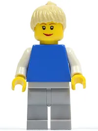 LEGO Plain Blue Torso with White Arms, Light Bluish Gray Legs, Tan Ponytail Hair minifigure