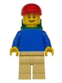 LEGO Plain Blue Torso with Blue Arms, Tan Legs, Red Short Bill Cap, Backpack minifigure