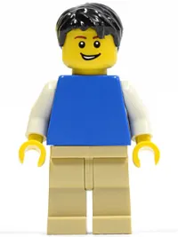 LEGO Plain Blue Torso with White Arms, Tan Legs, Black Short Tousled Hair minifigure