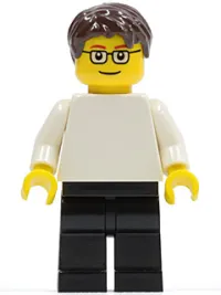LEGO Plain White Torso with White Arms, Black Legs, Dark Brown Short Tousled Hair, Glasses minifigure