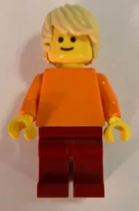 LEGO Plain Orange Torso with Orange Arms, Dark Red Legs, Tan Tousled Hair minifigure