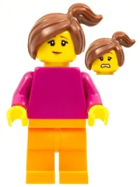 LEGO Plain Magenta Torso with Magenta Arms, Orange Legs, Reddish Brown Side Ponytail minifigure