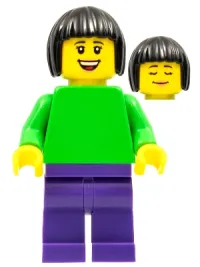 LEGO Plain Bright Green Torso with Bright Green Arms, Dark Purple Legs, Black Bobbed Hair minifigure