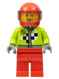 LEGO Lime Jacket with Wrench and Black and White Checkered Pattern, Red Legs, Red Helmet, Trans-Black Visor minifigure
