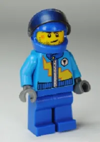 LEGO Dark Azure Race Jacket with Zipper and Yellow Lightning Bolt Pattern, Blue Helmet, Trans-Black Visor minifigure