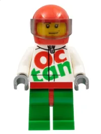 LEGO Race Car Driver, White Octan Race Suit with Silver Zipper, Red Helmet with Trans-Black Visor, Crooked Smile, Stubble Beard minifigure