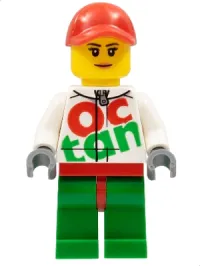 LEGO Race Car Female Mechanic, White Octan Race Suit with Silver Zipper, Red Cap with Hole, Peach Lips minifigure