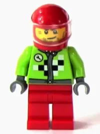 LEGO Lime Jacket with Wrench and Black and White Checkered Pattern, Red Legs, Red Helmet, Trans-Clear Visor minifigure