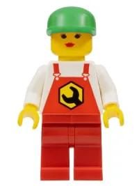 LEGO Repair - Overalls Red with Wrench Pattern, Red Legs, Green Cap, Female minifigure