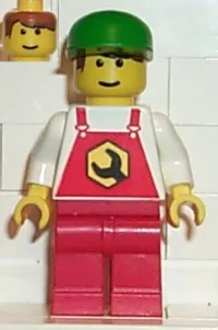 LEGO Repair - Overalls Red with Wrench Pattern, Red Legs, Green Cap, Male minifigure