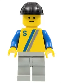 LEGO 'S' - Yellow with Blue / Gray Stripe, Light Gray Legs, Black Construction Helmet minifigure