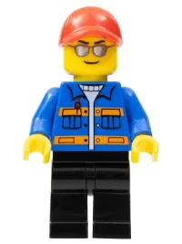 LEGO Race Marshal - Blue Jacket with Pockets and Orange Stripes, Black Legs, Red Cap with Hole, Silver Sunglasses minifigure