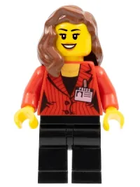 LEGO Camerawoman - Red Suit Jacket with Press Pass, Black Legs, Reddish Brown Female Hair over Shoulder, Open Mouth Smile with Peach Lips minifigure