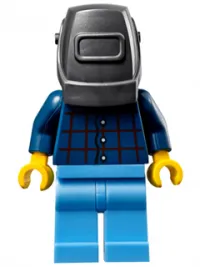LEGO Mechanic - Male, Plaid Button Shirt, Medium Blue Legs, Pearl Dark Gray Welding Helmet, Frown and Sweat Drops minifigure
