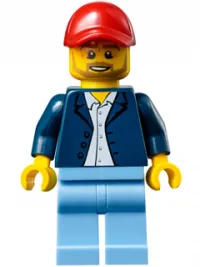 LEGO Race Official - Male, Dark Blue Blazer over White Button Down Shirt, Medium Blue Legs, Red Cap with Hole, Beard minifigure