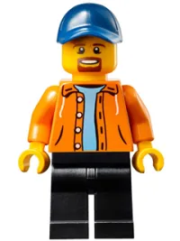 LEGO Race Official - Male, Orange Jacket Hoodie over Medium Blue Sweater, Black Legs, Dark Blue Cap with Hole, Goatee minifigure
