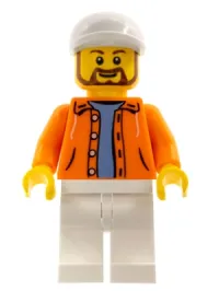 LEGO Hot Dog Vendor - Orange Jacket Hoodie over Medium Blue Sweater, White Legs, White Short Bill Cap, Beard minifigure