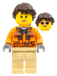 LEGO Camerawoman - Orange Safety Jacket, Reflective Stripe, Sand Blue Hoodie, Tan Legs, Dark Brown Hair, Dark Pink Lips minifigure