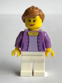 LEGO Race Visitor - Female, Medium Lavender Jacket over Lavender Shirt, White Legs, Medium Nougat Ponytail and Swept Sideways Fringe, Dark Pink Lips minifigure