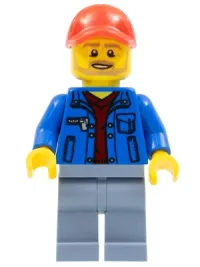 LEGO Race Marshal - Male, Blue Jacket over Dark Red V-Neck Sweater, Sand Blue Legs, Red Cap with Hole, Beard minifigure