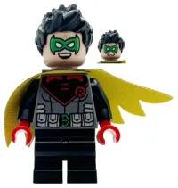 LEGO Robin - Green Mask, Red Hands, Black Medium Legs, Scalloped Asymmetrical Cape Black and Yellow Sides minifigure