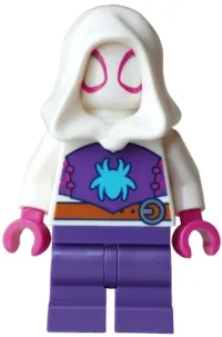 LEGO Ghost-Spider (Gwen Stacy) - Dark Purple Medium Legs, White Hood, Medium Azure Spider Logo, Dark Orange Belt minifigure