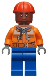 LEGO Dock Worker - Male, Orange Safety Jacket, Reflective Stripe, Sand Blue Hoodie, Blue Legs, Red Construction Helmet, Reddish Brown Head minifigure