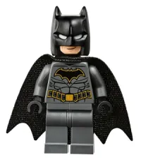 LEGO Batman - Dark Bluish Gray Suit with Gold Outline Belt and Crest, Mask and Cape (Type 3 Cowl, Tear-Drop Neck Cut Spongy Cape) minifigure