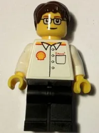 LEGO Shell - White Torso (Sticker), Black Legs, Dark Brown Short Tousled Hair, Glasses minifigure